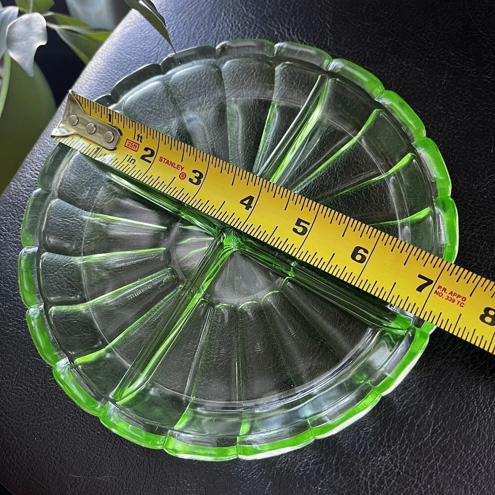 VTG 30s Uranium Green Depression Glass Divided Relish Dish Tray 7.25